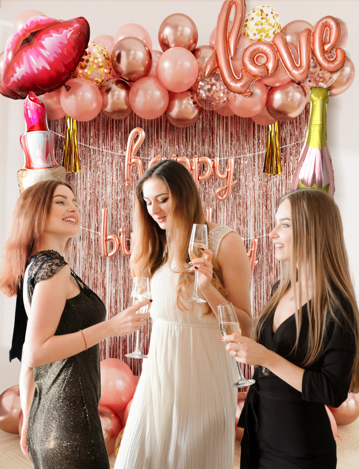 Adeyoo Rose Gold Birthday Decoration for Women Girls - Rose Gold Party Decorations with Happy Birthday Balloons, Foil Curtain, lips Champagne Lipstick Love Foil Balloons for Women Girls Party Supplies