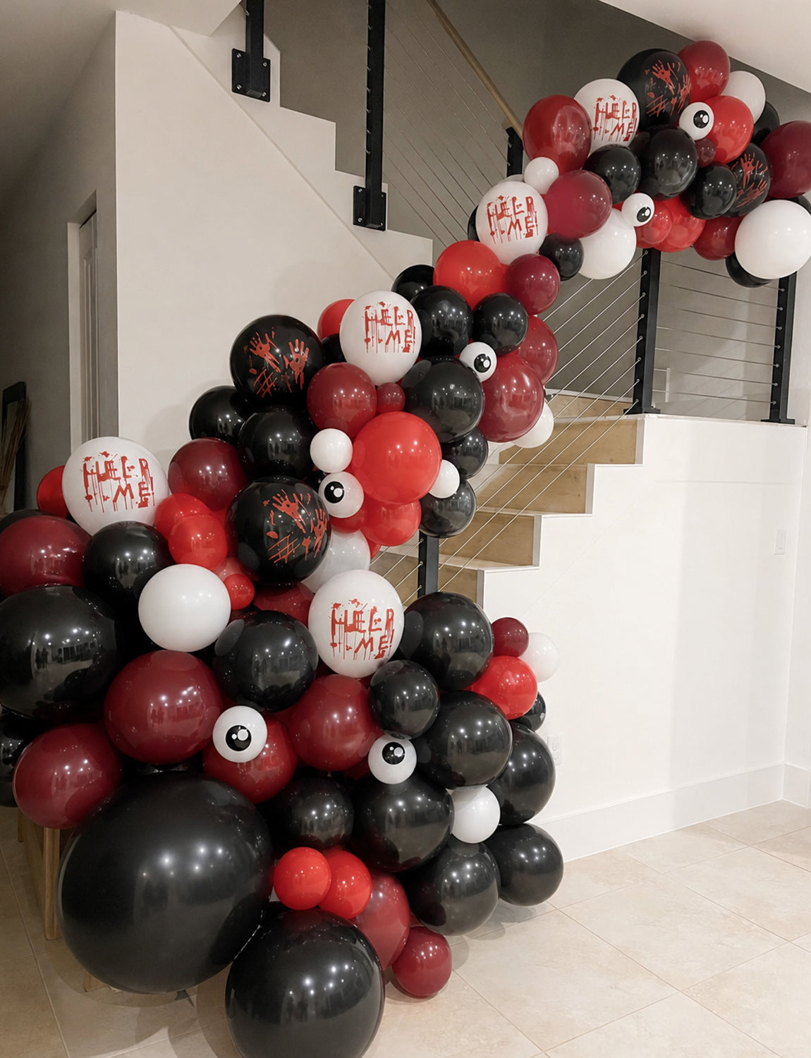 Halloween Balloon Garland Arch Kit, Bloody Black Red White Balloons 130 Pcs Halloween Balloon with Spider Web and 3D Bat Stickers for Horror Party, Haunted House, Birthday and Photo Booth Decor