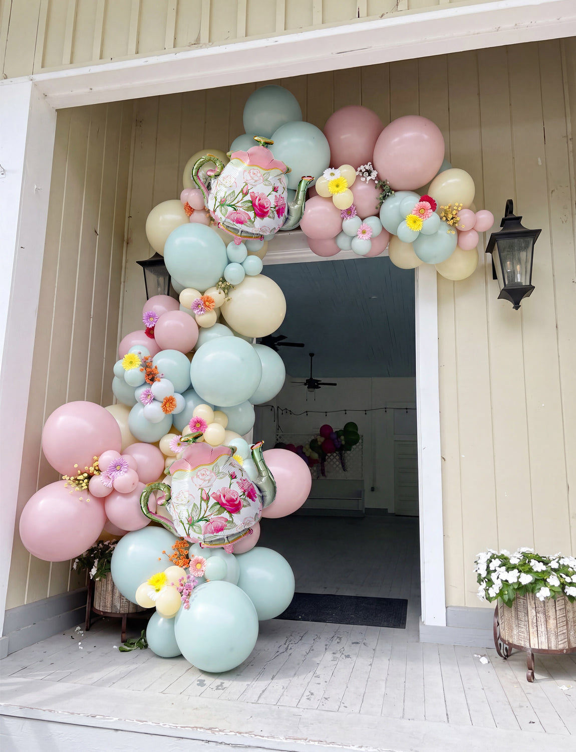 Tea Party Decorations - 144 Pcs Tea Party Balloon Arch Kit Garland Bright Pink Green Yellow Balloons Arch Kit with Large Teapot Foil Balloons for Let's Par Tea Birthday Spring Party Decorations