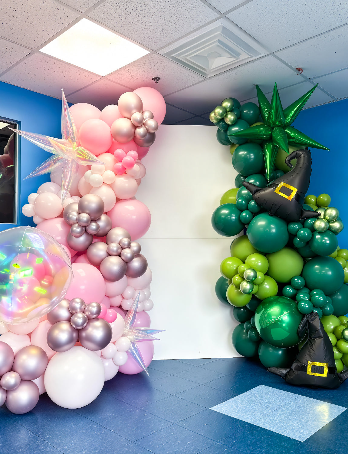 Pink and Green Balloons Arch Kit - Witch Balloon Arch Kit, Multi-Size Pink and Green Balloons with Foil Fringe Curtains Witch Hat Crown Explosion Star Broom Balloon for Birthday Party Decor