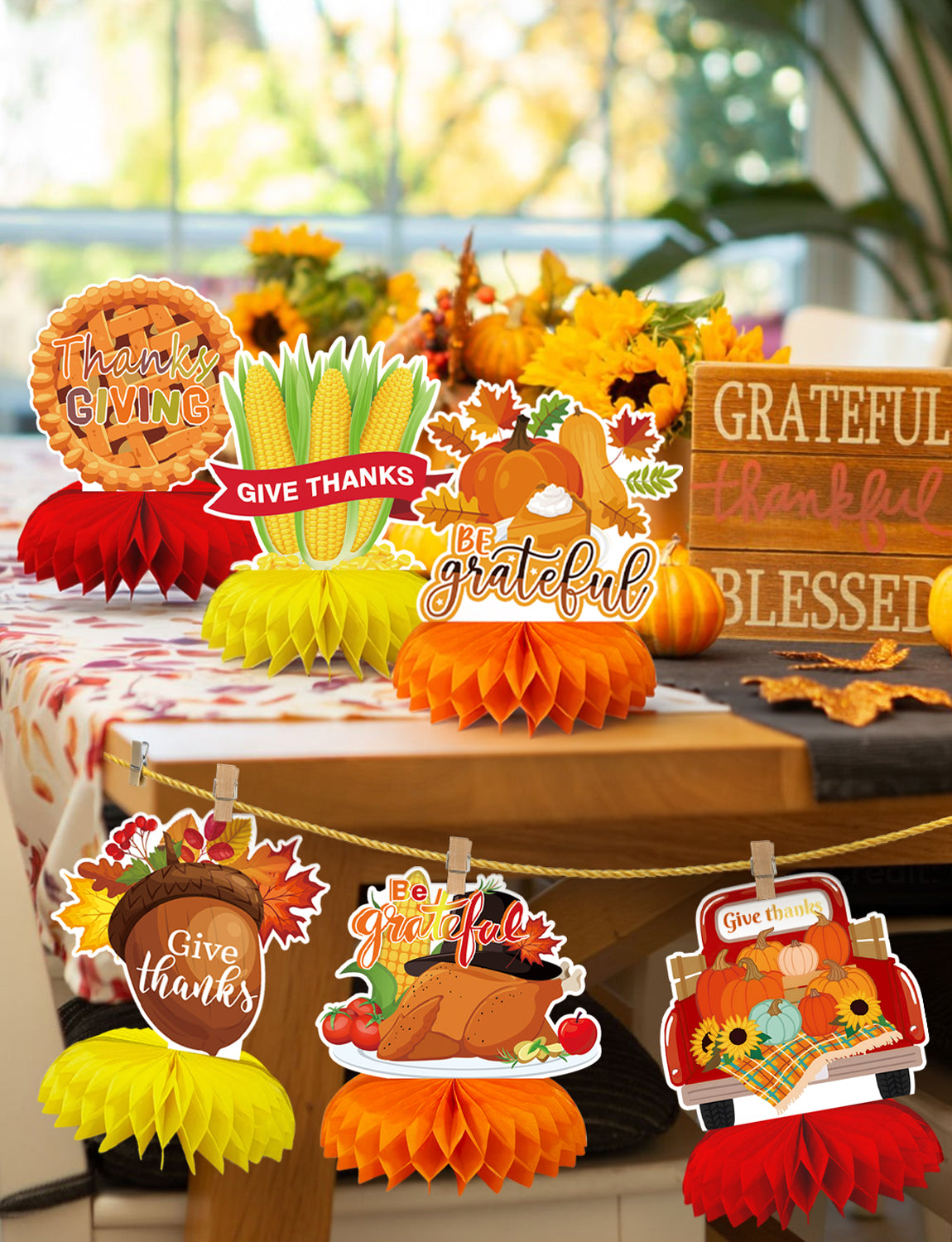 Thanksgiving Table Decorations, Fall Harvest Honeycomb Centerpieces | 9 Pcs Fall Table Decorations with Turkey and Pumpkin, Thanksgiving Centerpieces for Dinner Table, Home & Office Decorations
