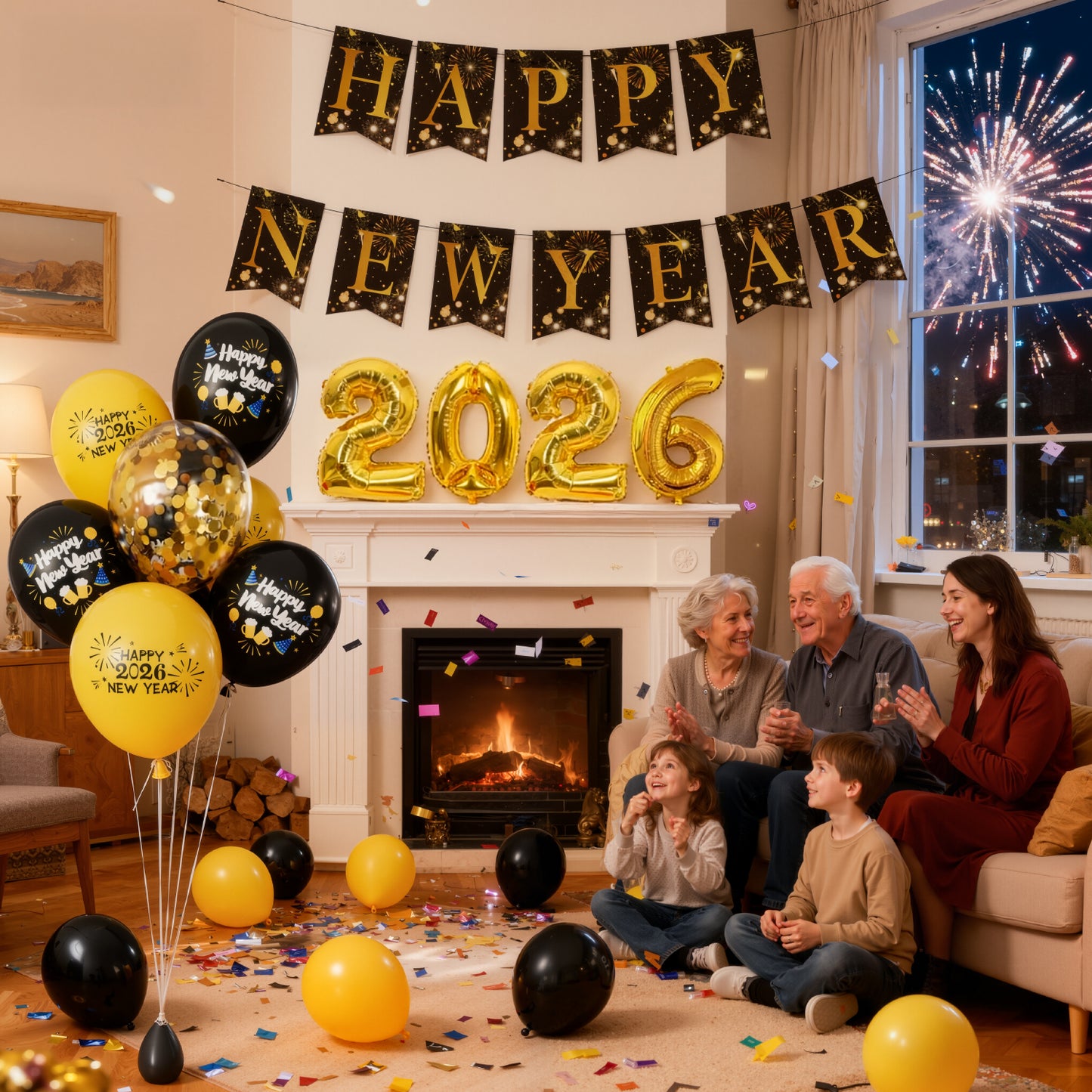 Adeyoo New Years Eve Decorations 2026 XXL Set - New Year Decorations with 2026 Giant Foil Balloons, Black and Gold Happy New Year Banner and Latex Confetti Balloons for Happy New Years Eve Party