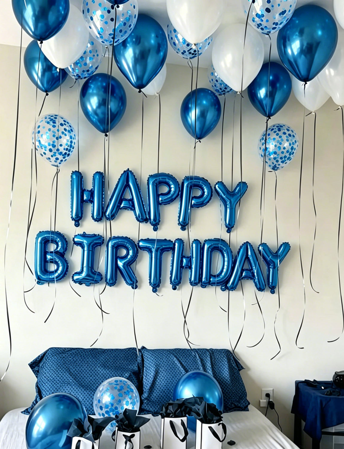 Happy Birthday Decorations - Blue Happy Birthday Balloons with Metallic Blue and White Latex Confetti Balloons, Silver Foil Star Balloons for Men Boys Pet Birthdays Party Decorations