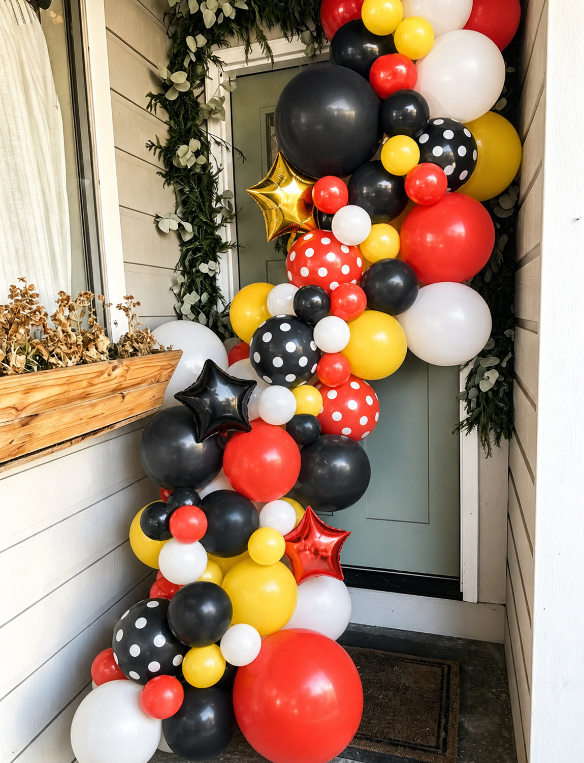 Red Black Yellow Balloon Garland Arch Kit for Birthday Party Decor 144 Pcs Different Size Latex Balloons, Polka Dots and star foil Balloon for Cartoon Mouse Theme Baby Shower Anniversary Party