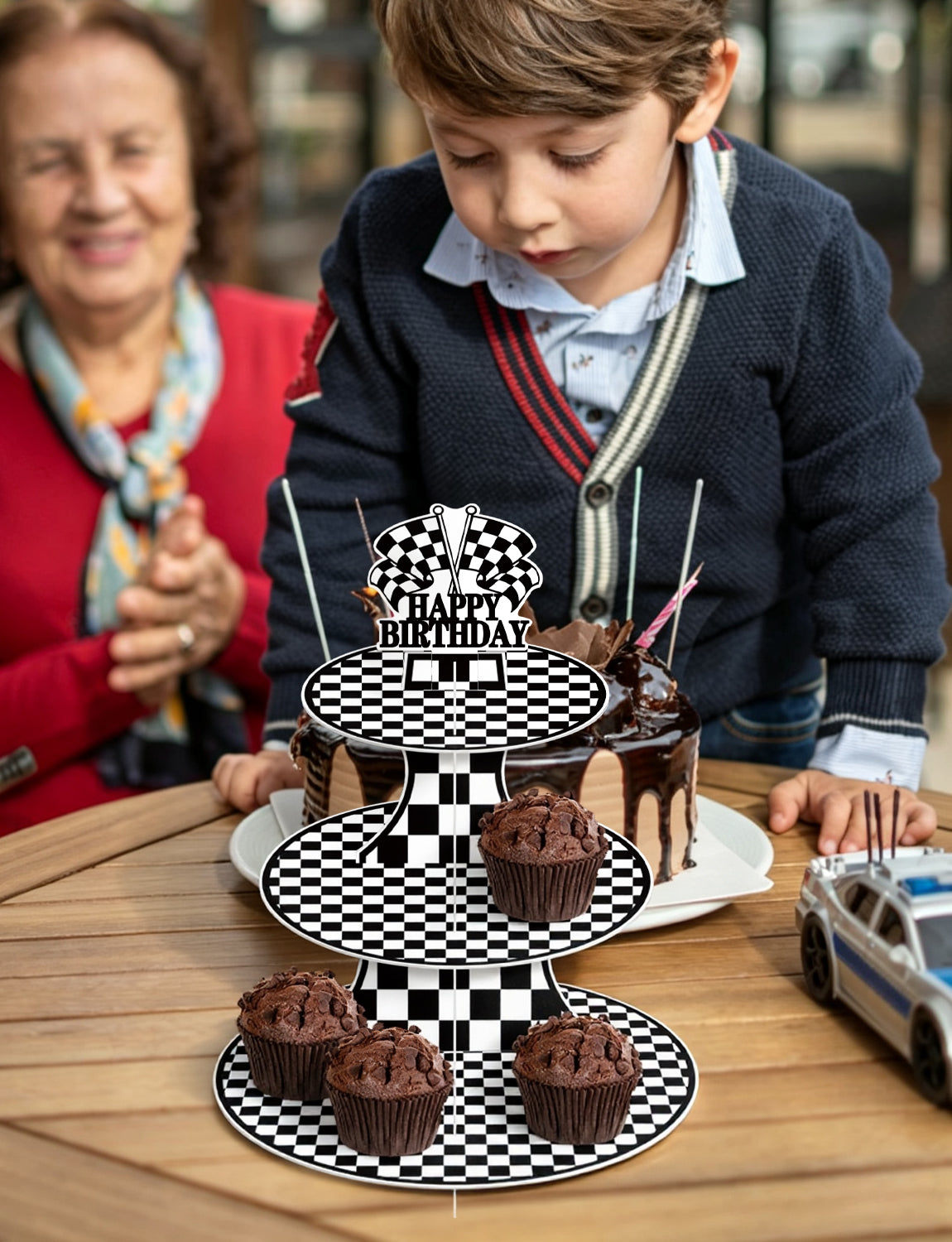 3 Tier Race Car Cupcake Stand for Car Themed Birthday Decorations Racing Cupcake Holder, Black White Cardboard Cupcake Stand with "Happy Birthday" , Race Car Birthday Decorations