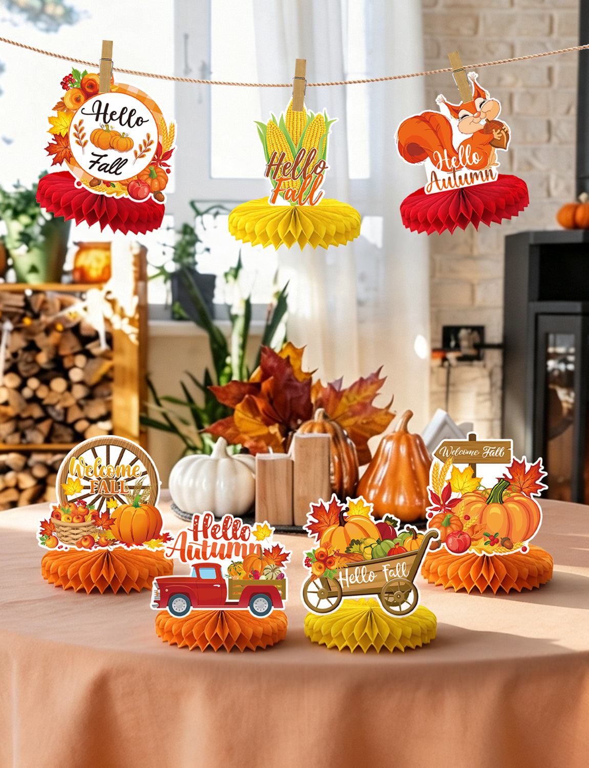 Fall Thanksgiving Table Decorations, Autumn Honeycomb Centerpieces | 9 Pcs 3D Fall Table Centerpieces, Pumpkin Centerpiece, Autumn Harvest Decoration for Thanksgiving Dinner, Home & Office Decor