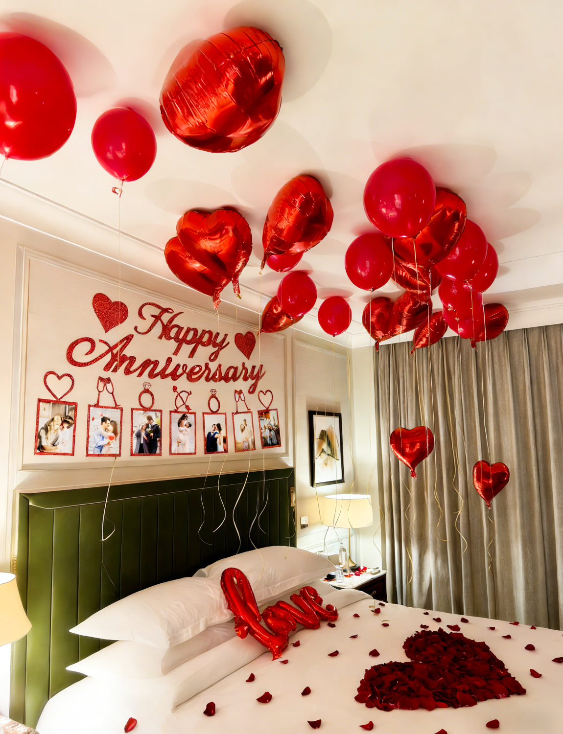 Adeyoo Anniversary Decorations - Valentines Day Decorations with Happy Anniversary Banner and Photo Banner, Red Heart Balloons I Love You Foil Balloons Rose Petals for Romantic Valentines Party
