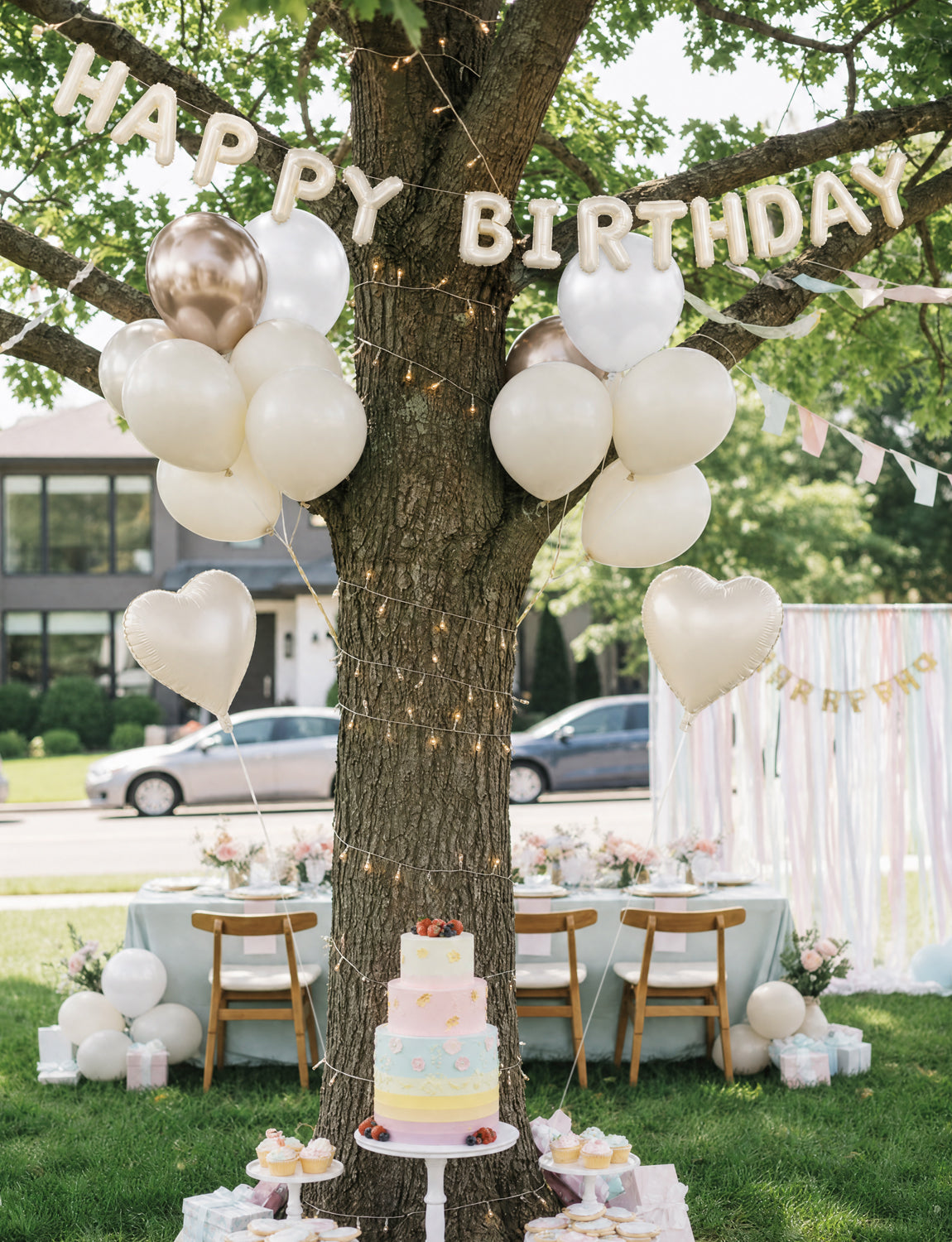 Cream Happy Birthday Balloons Banner - Big Beige Heart Foil Letter Balloon Banner with 12 Inch Metallic Pearl Sand White Balloons for Women Men Birthdays Boho Neutral Party Decorations