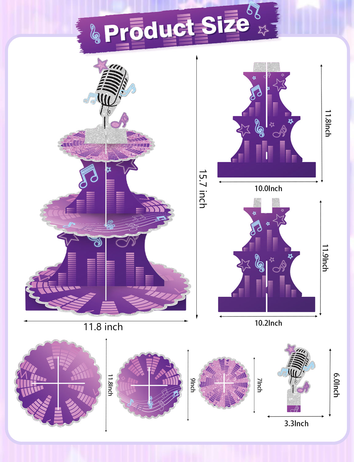 3 Tier Music Cupcake Stand, Purple Cupcake Holder for Music Party Microphone Cardboard Cup Cake Stand for Dessert Table Displays, Music Birthday Decorations for Birthday Wedding Party