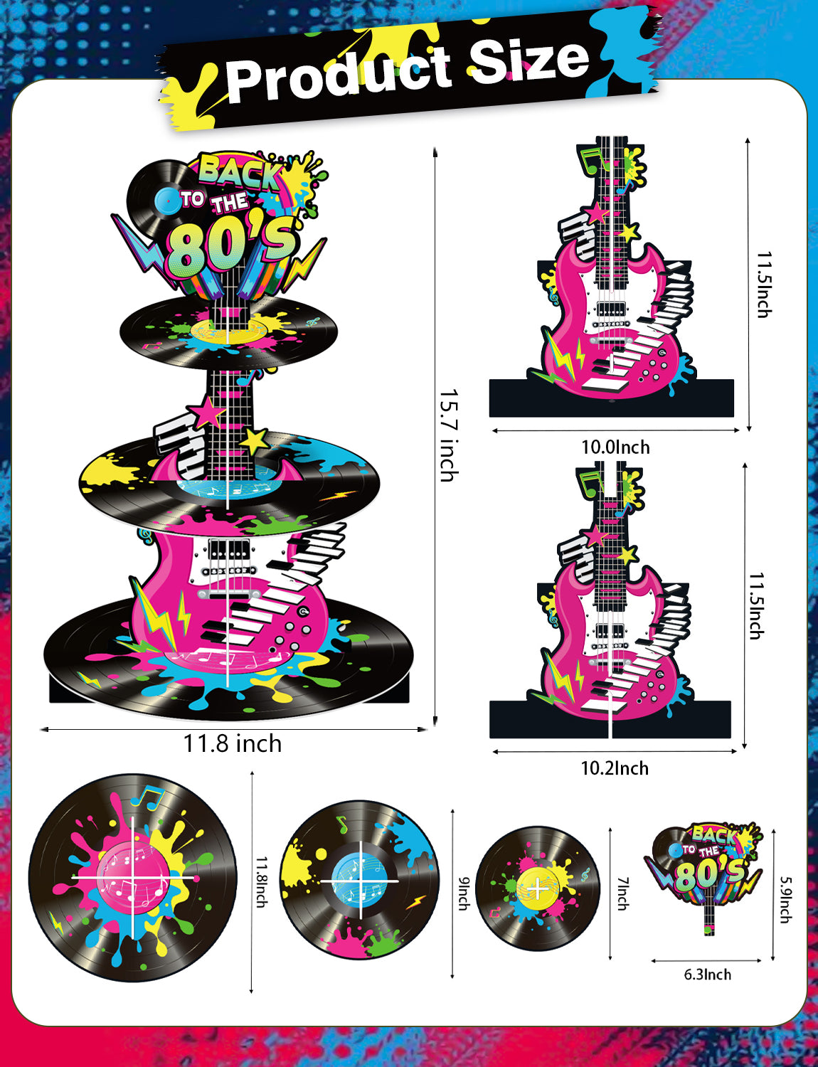 3 Tier 80s Cupcake Stand, Back To The 80's Guitar Cupcake Holder 1980s Cardboard Cupcake Stand, Neon Rock Cup Cake Stand for Dessert Stand, Hip Hop Rock Disco Music Birthday Party Decoration
