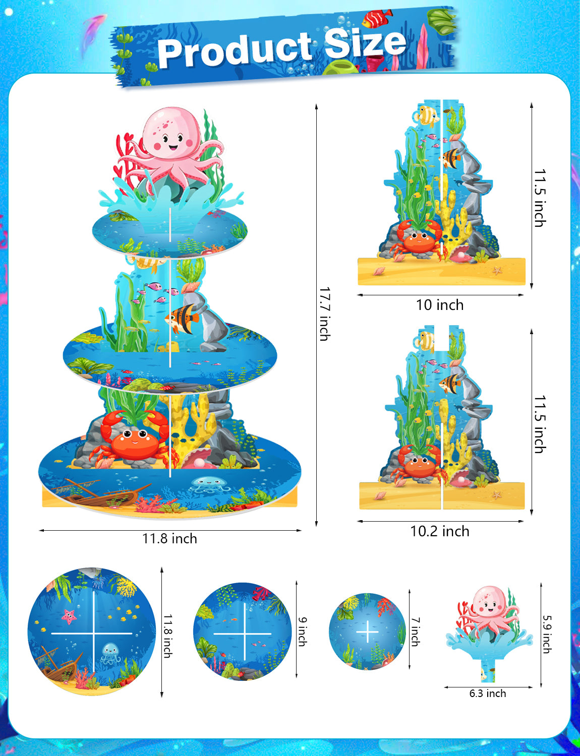 3 Tier Ocean Cupcake Stand, Under The Sea Cupcake Holder Cardboard Cupcake Stand for Dessert Table Display, Ocean Dessert Stand for Shark Mermaid Under the Sea Themed Birthday Party