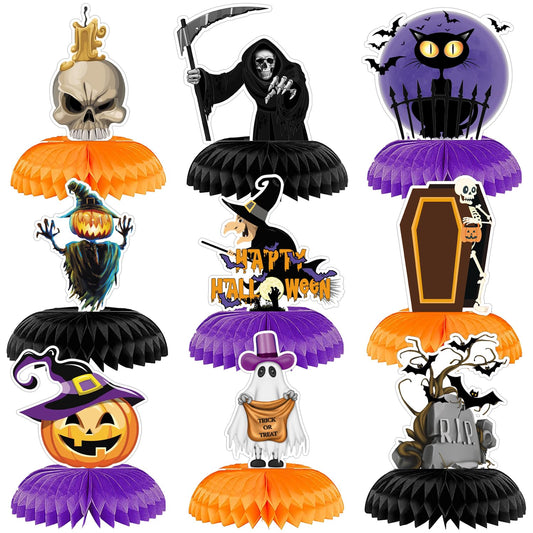 Adeyoo Halloween Table Decorations - 9Pcs Halloween Centerpieces for Tables Black Orange Honeycomb Centerpieces Pumpkin Ghost Witch Cat Table Topper for Spooky Birthday Party Supplies