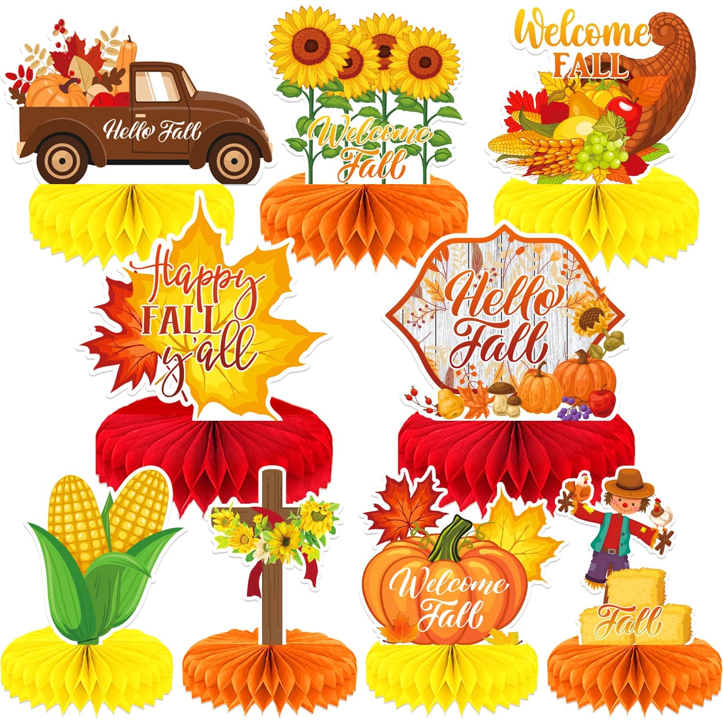Adeyoo Fall Table Decorations - 9Pcs Fall Centerpieces for Tables Autumn Honeycomb Centerpieces 3D Pumpkin Maple Leaf Table Topper for Friendsgiving Harvest Birthday Thanksgiving Party Decorations