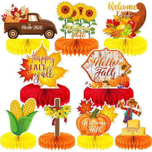 Adeyoo Fall Table Decorations - 9Pcs Fall Centerpieces for Tables Autumn Honeycomb Centerpieces 3D Pumpkin Maple Leaf Table Topper for Friendsgiving Harvest Birthday Thanksgiving Party Decorations