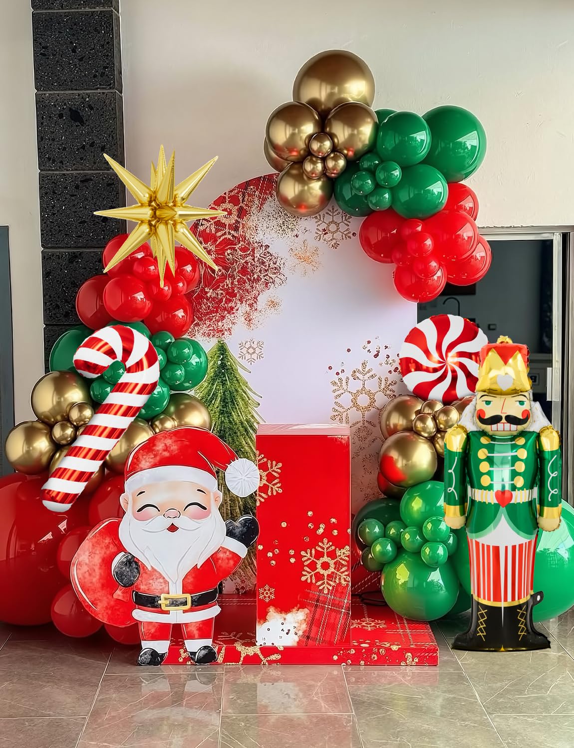 Christmas Balloon Arch Kit Garland - Red Green Gold Christma Balloons with Nutcracker Candy Cane Exploding Star Foil Balloons Xmas Balloon for Xmas Birthday New Year Party Decorations