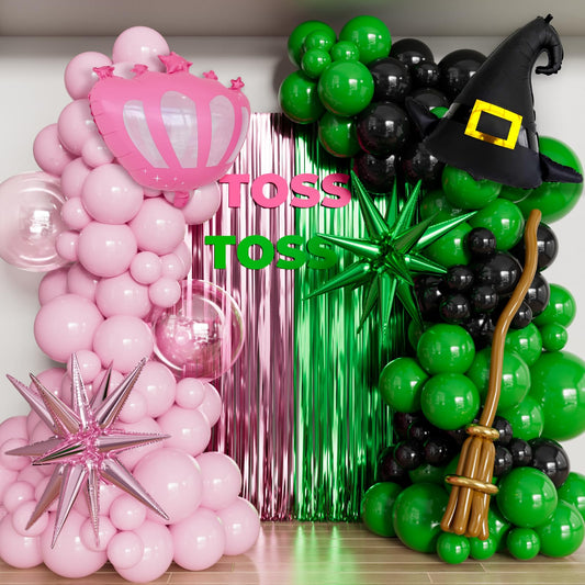Adeyoo Pink and Green Balloon Garland Arch Kit - Wicked Balloon Arch with Foil Fringe Curtains, Witch Hat Balloons Crown Star Broom Balloons for Princess Wicked Birthday Fairy Wonderlad Party Supplies