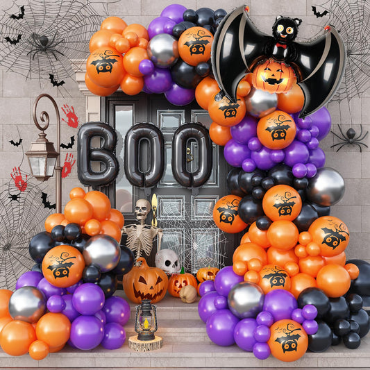 Adeyoo Halloween Balloon Garland Arch Kit - 138 Pcs Halloween Party Balloons with Black Orange Purple, Pumpkin, Bat, Boo Balloon Metallic Silver Balloons for Birthday Horror Party Decorations