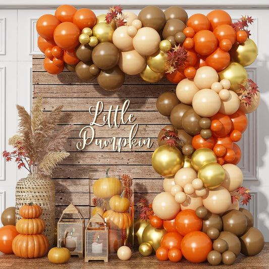 Adeyoo Fall Thanksgiving Balloon Garland arch kit - 140Pcs Autumn Balloon Arch with Burnt Orange Balloons Light Brown Nude Gold Balloons for Friendsgiving Fall Harvest Little Pumpkin Party Decorations