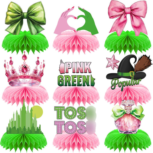Adeyoo Witch Table Decorations - 9 Pcs Witch Theme Party Decorations Centerpiece for Table Green and Pink Honeycomb Centerpieces Toppers for Princess Birthday Magical Party Supplies