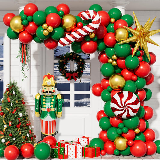 Christmas Balloon Arch Kit Garland - Red Green Gold Christma Balloons with Nutcracker Candy Cane Exploding Star Foil Balloons Xmas Balloon for Xmas Birthday New Year Party Decorations