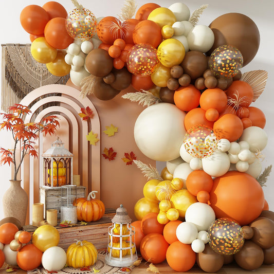 Adeyoo Fall Thanksgiving Balloon Arch Garland Kit - Burnt Orange Balloon Arch with Coffee Brown Balloons, White Gold Balloons for Fall Thanksgiving Autumn Harvest Birthday Wedding Party Decorations