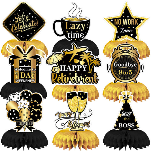 Adeyoo Retirement Table Decorations - Black and Gold Retirement Decorations 9Pcs Retired Honeycomb Centerpieces Table Toppers for Goodbye Farewell Party Supplies for Men Women, Photo Booth Props