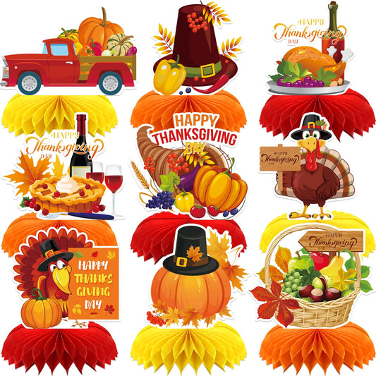 Adeyoo Thanksgiving Table Decorations - 9Pcs Fall Table Decorations 3D Fall Centerpieces for Tables, Turkey Pumpkin Honeycomb Centerpieces Autumn Table Topper for Autumn Thanksgiving Party Supplies