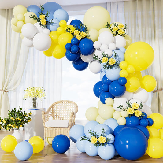 Adeyoo Blue Yellow Balloon Arch Kit Garland - Royal Blue and Yellow Balloons Pastel White Latex Balloon Bright Party Balloon for Birthday Baby Shower Anniversary Wedding Party Decorations