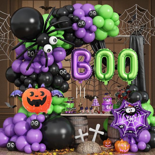 Adeyoo Halloween Balloon Garland Arch Kit - Purple Green Black Balloons with Boo, Bat Foil Balloons Spooky Eyeball Latex Balloon for Halloween Birthday Party Decorations, Indoor Outdoor