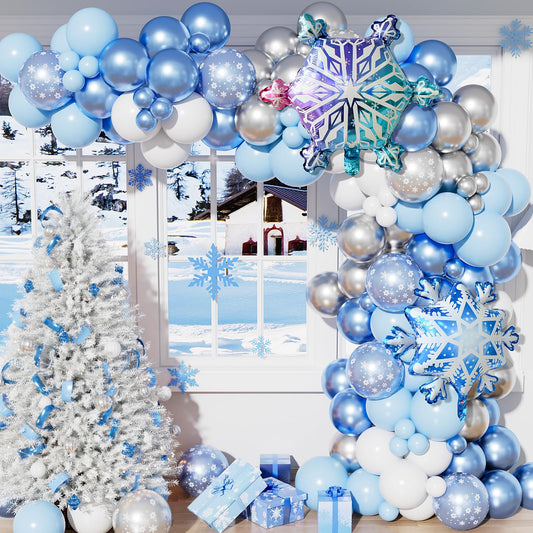 Snowflake Balloon Arch Garland Kit - 132Pcs Winter Wonderland Balloon Arch with Blue Silver White Balloons, Snowflake Foil Balloons for Winter Christmas Princess Theme Party Decorations