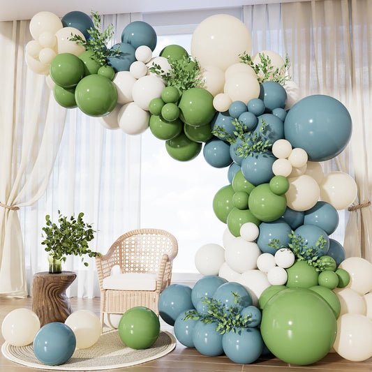 Adeyoo Dusty Blue Sage Green Balloon Arch Kit - Sage Green and White Balloons Dusty Blue Latex Balloon Sand WhiteParty Balloons for Baby Shower Birthday Wedding Jungle Safari Party Decorations, 143Pcs