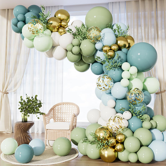 Adeyoo Dusty Blue Green Balloon Garland Arch Kit - Ash Mist Green Balloons Haze Fog Blue Balloons Sand White Gold Latex Balloon for Baby Shower Jungle Safari Woodland Birthday Party Decorations