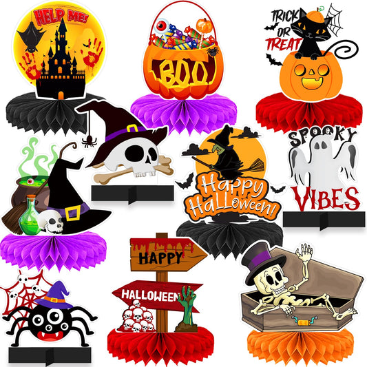 Adeyoo10Pcs Halloween Party Decorations Honeycomb Centerpiece - Halloween Table Decorations Spooky Orange Black Table Centerpieces Pumpkin Ghost Witch Table Topper Decor Indoor Outdoor Supplies