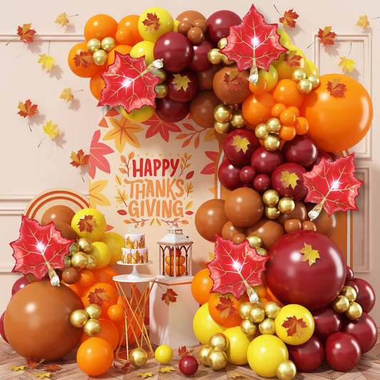 Adeyoo Fall Balloon Garland Arch Kit - 143Pcs Thanksgiving Balloon Arch Burgundy Orange Brown Yellow Gold Balloons with Maple Leaves Foil Balloons for Autumn Thanksgiving Birthday Party Decorations