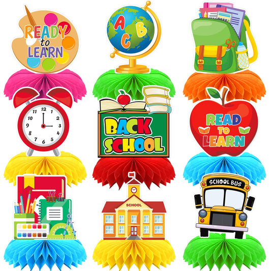 Adeyoo Back to School Table Decorations - 9 Pcs Welcome Back to School centerpieces for tables Bus Stationery Chalkboard Honeycomb Centerpiece Table Toppers for Teachers Students Classroom Supplies