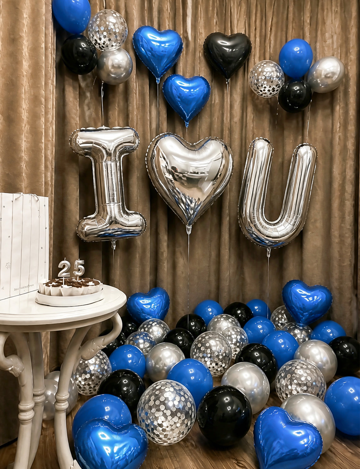 Blue and Black Proposal Decorations Kit - I Love You Balloons with Blue Black Silver Latex Confetti Balloons Heart Foil Balloons, 600Pcs Rose Petals Romantic Decoration Kit for Him/Her