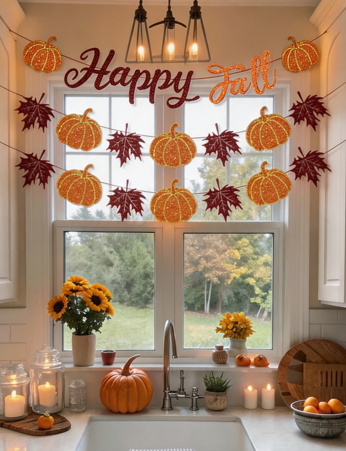 Happy Fall Banner, Fall Decorations with Pumpkin and Maple Leaves | 3-Piece Glitter Fall Banner Set, Thanksgiving Party Decorations for Home, Mantel, Wall, Office, Autumn Harvest Celebrations