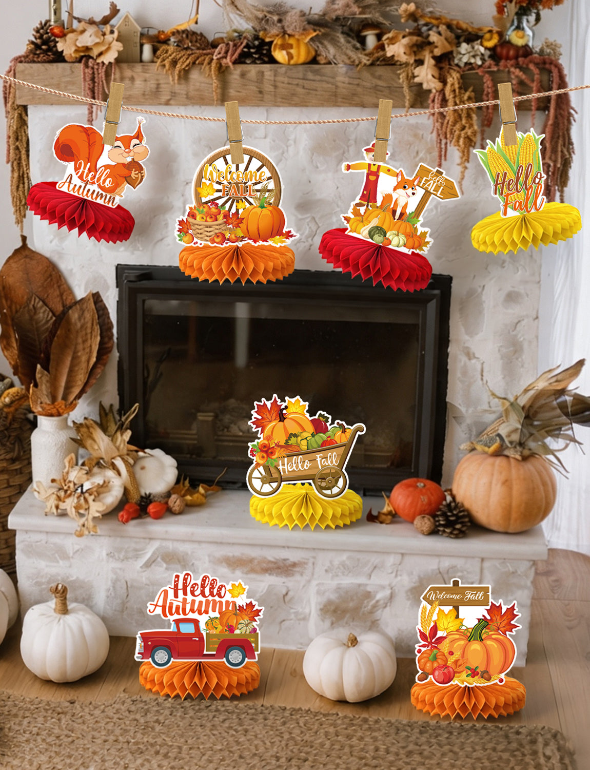 Fall Thanksgiving Table Decorations, Autumn Honeycomb Centerpieces | 9 Pcs 3D Fall Table Centerpieces, Pumpkin Centerpiece, Autumn Harvest Decoration for Thanksgiving Dinner, Home & Office Decor