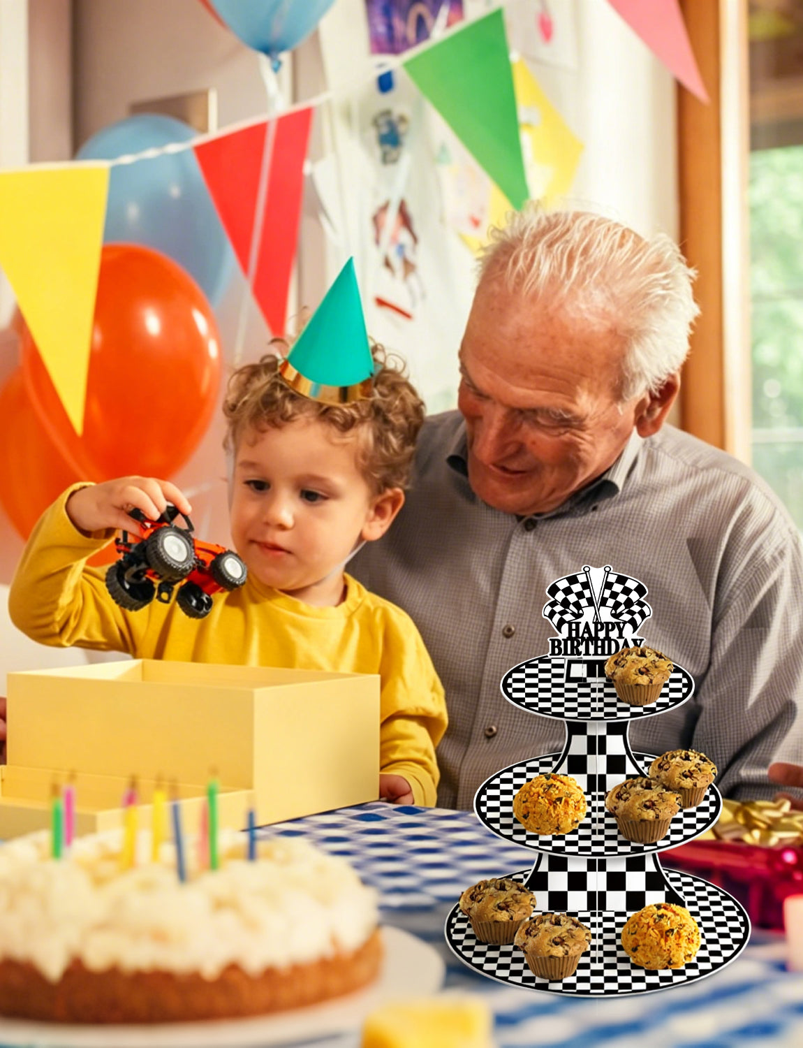 3 Tier Race Car Cupcake Stand for Car Themed Birthday Decorations Racing Cupcake Holder, Black White Cardboard Cupcake Stand with "Happy Birthday" , Race Car Birthday Decorations