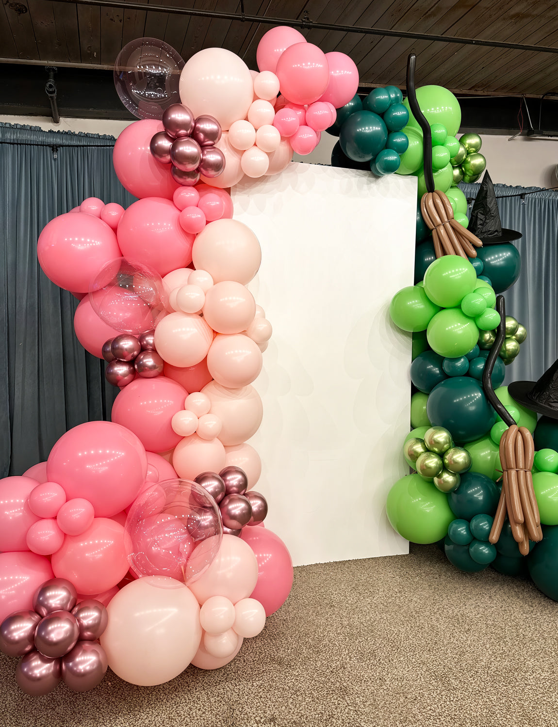 Pink and Green Balloons Arch Kit - Witch Balloon Arch Kit, Multi-Size Pink and Green Balloons with Foil Fringe Curtains Witch Hat Crown Explosion Star Broom Balloon for Birthday Party Decor