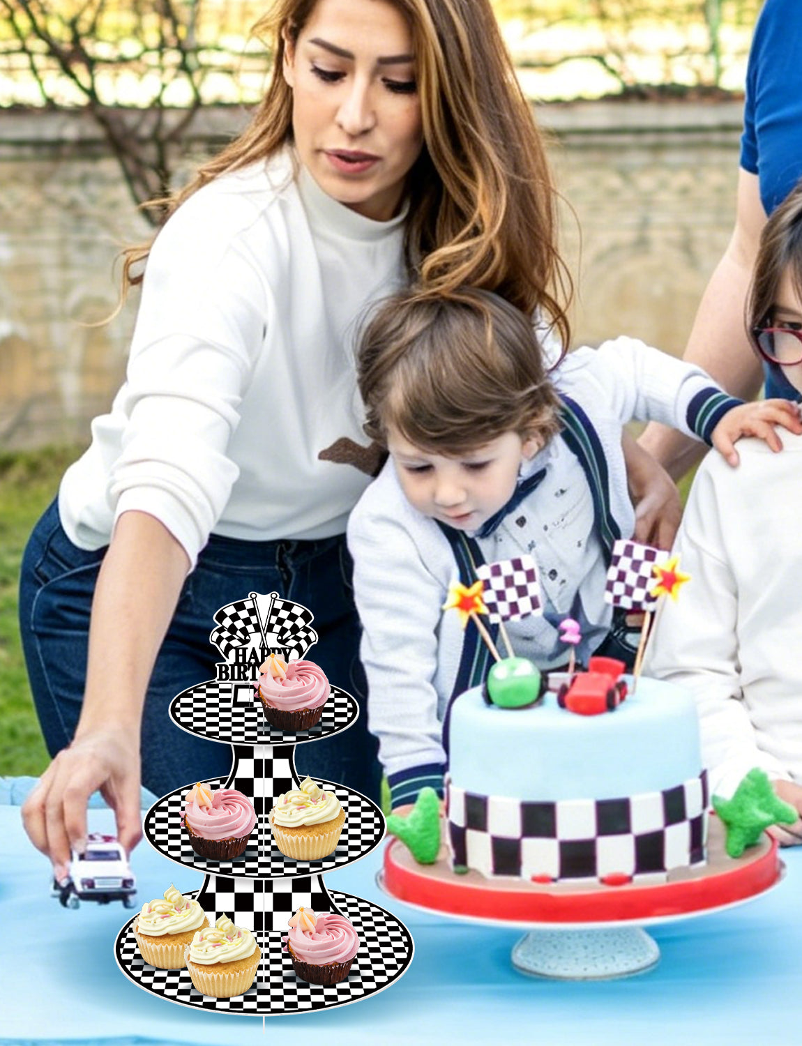 3 Tier Race Car Cupcake Stand for Car Themed Birthday Decorations Racing Cupcake Holder, Black White Cardboard Cupcake Stand with "Happy Birthday" , Race Car Birthday Decorations