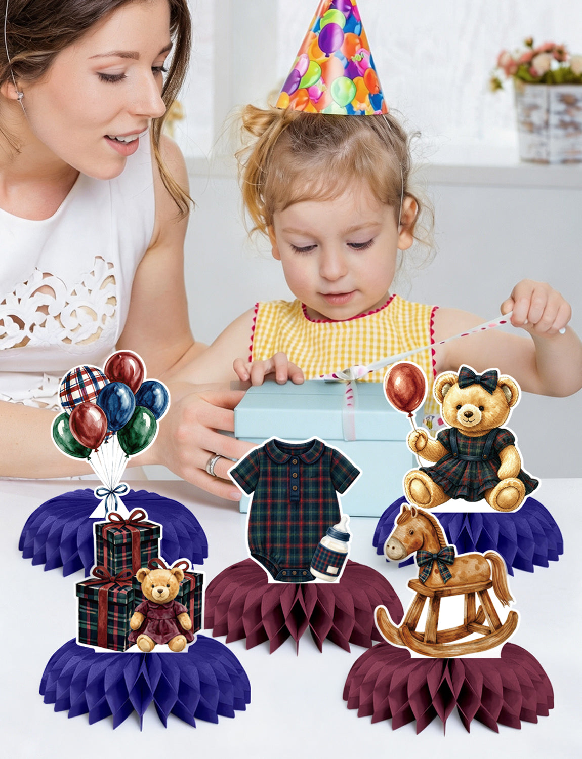 Teddy Bear Baby Shower Table Decorations, Tartan Plaid Centerpieces 9 Pcs Teddy Bear Centerpieces for Tables, 3D Rocking Horse Honeycomb Centerpieces for Baby Girl Shower, Gender Reveal Party