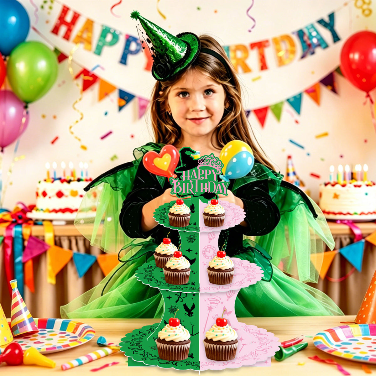 3 Tier Witch Cupcake Stand, Pink Green Birthday Cupcake Holder Witch Cupcake Stand with "Happy Birthday", Cup Cake Stand for Dessert Table Displays, Witch Birthday Party Decorations