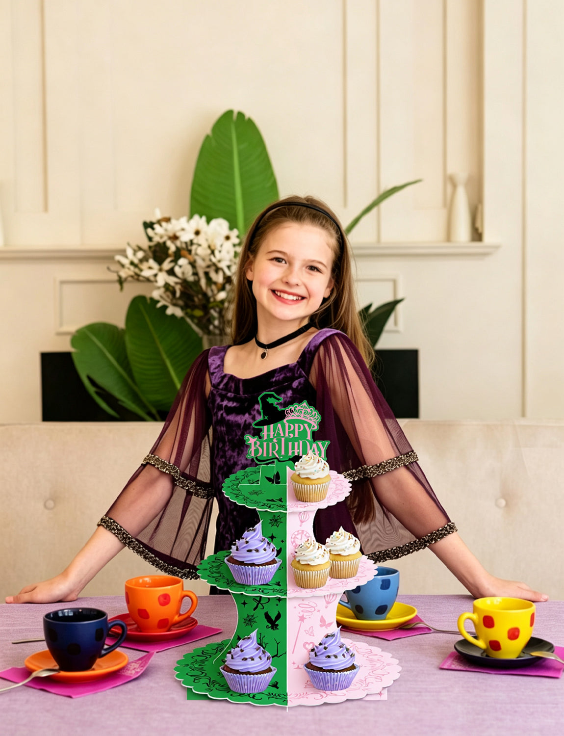3 Tier Witch Cupcake Stand, Pink Green Birthday Cupcake Holder Witch Cupcake Stand with "Happy Birthday", Cup Cake Stand for Dessert Table Displays, Witch Birthday Party Decorations
