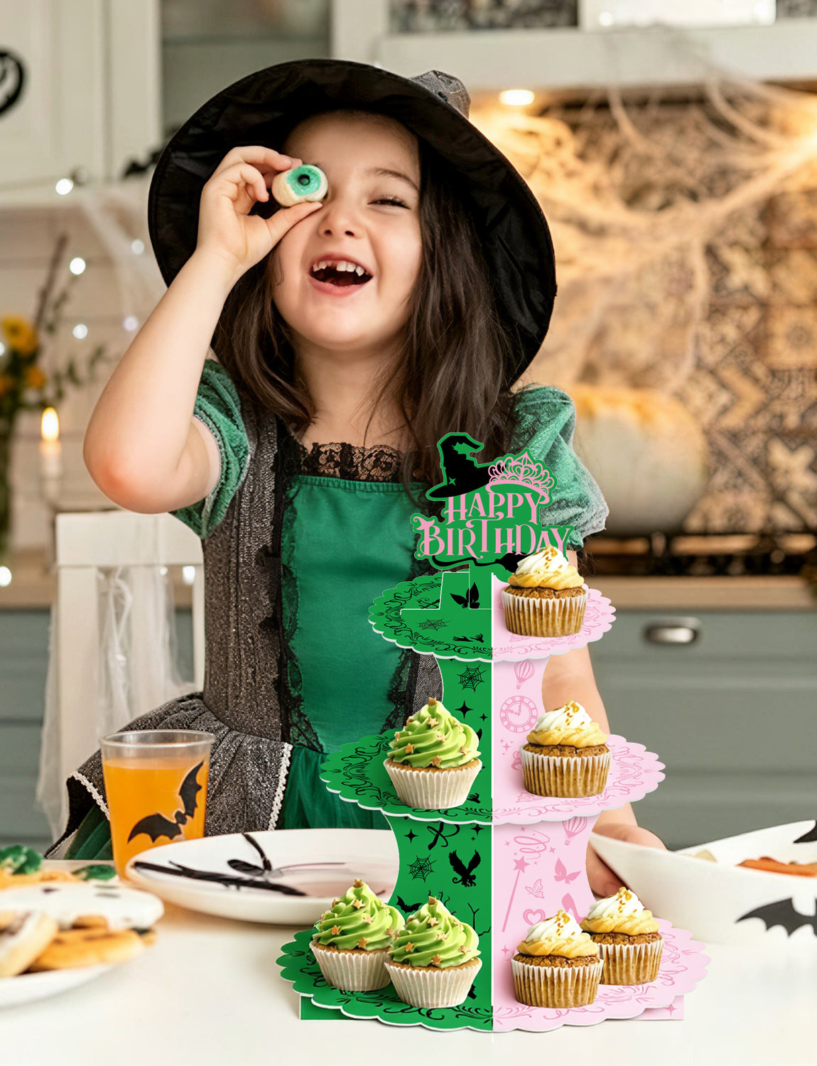 3 Tier Witch Cupcake Stand, Pink Green Birthday Cupcake Holder Witch Cupcake Stand with "Happy Birthday", Cup Cake Stand for Dessert Table Displays, Witch Birthday Party Decorations