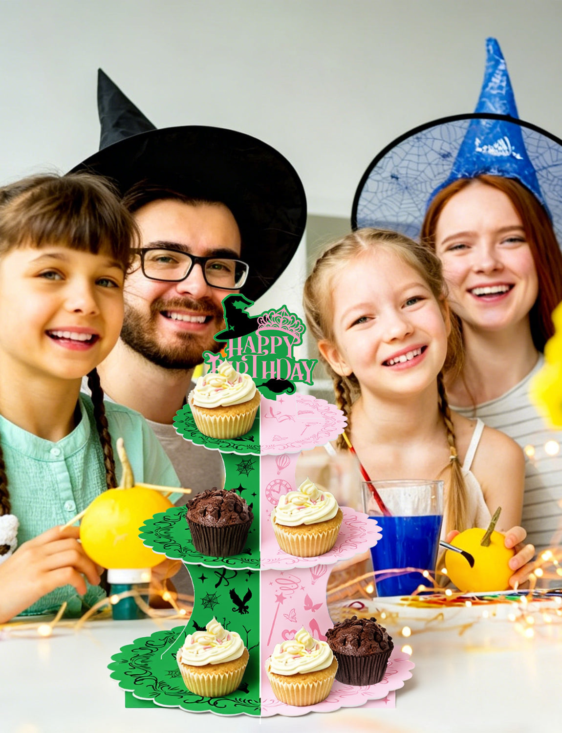 3 Tier Witch Cupcake Stand, Pink Green Birthday Cupcake Holder Witch Cupcake Stand with "Happy Birthday", Cup Cake Stand for Dessert Table Displays, Witch Birthday Party Decorations