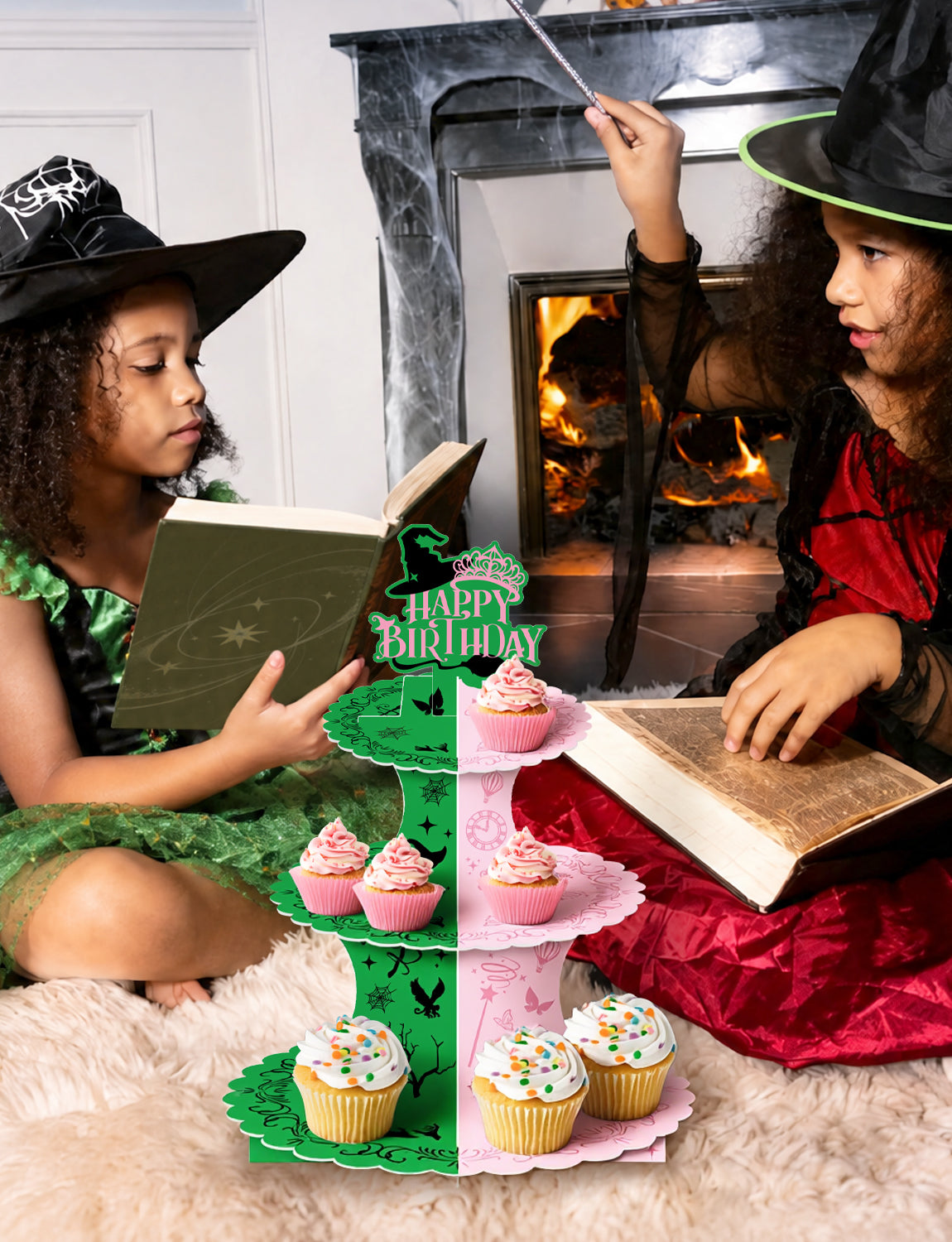 3 Tier Witch Cupcake Stand, Pink Green Birthday Cupcake Holder Witch Cupcake Stand with "Happy Birthday", Cup Cake Stand for Dessert Table Displays, Witch Birthday Party Decorations