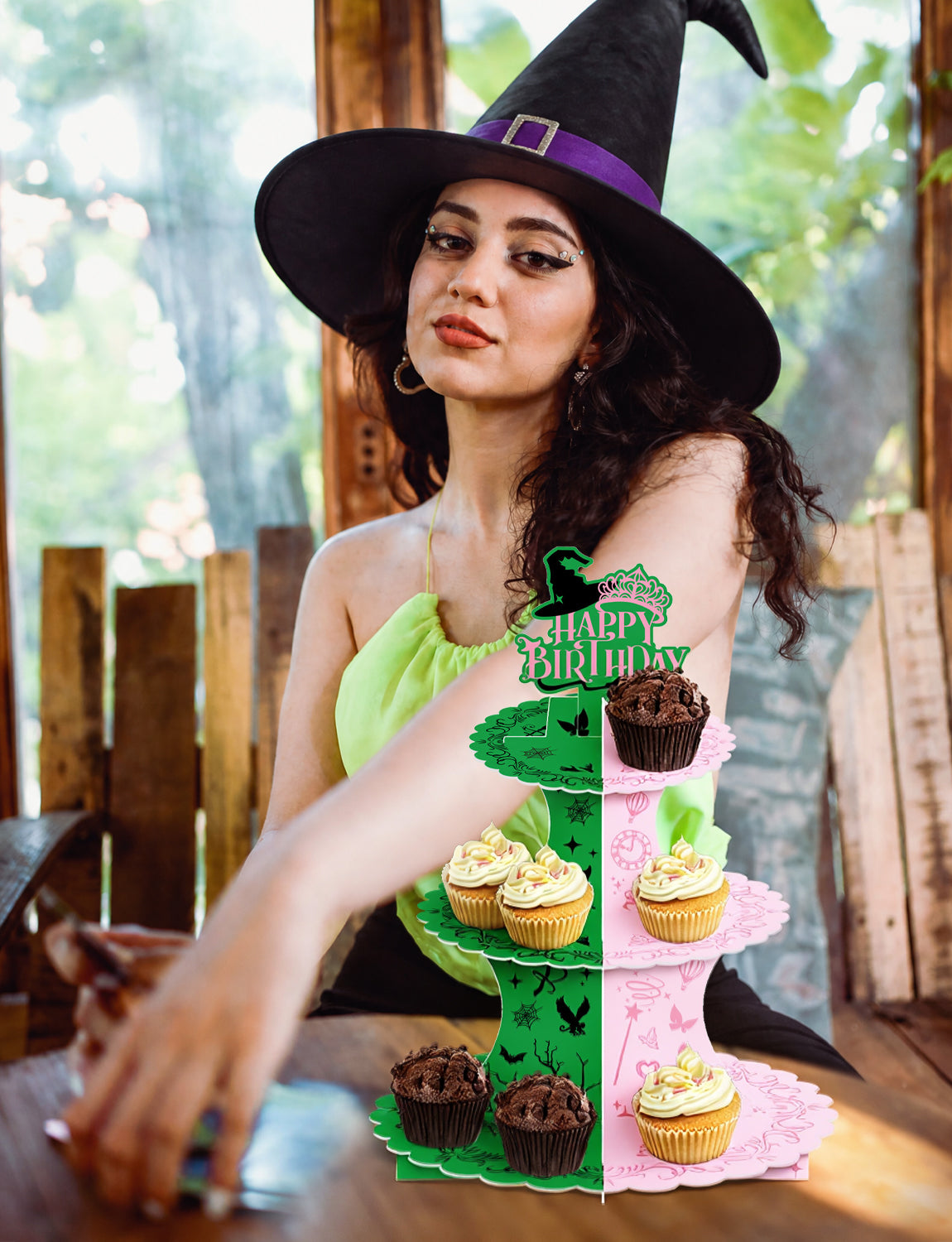 3 Tier Witch Cupcake Stand, Pink Green Birthday Cupcake Holder Witch Cupcake Stand with "Happy Birthday", Cup Cake Stand for Dessert Table Displays, Witch Birthday Party Decorations