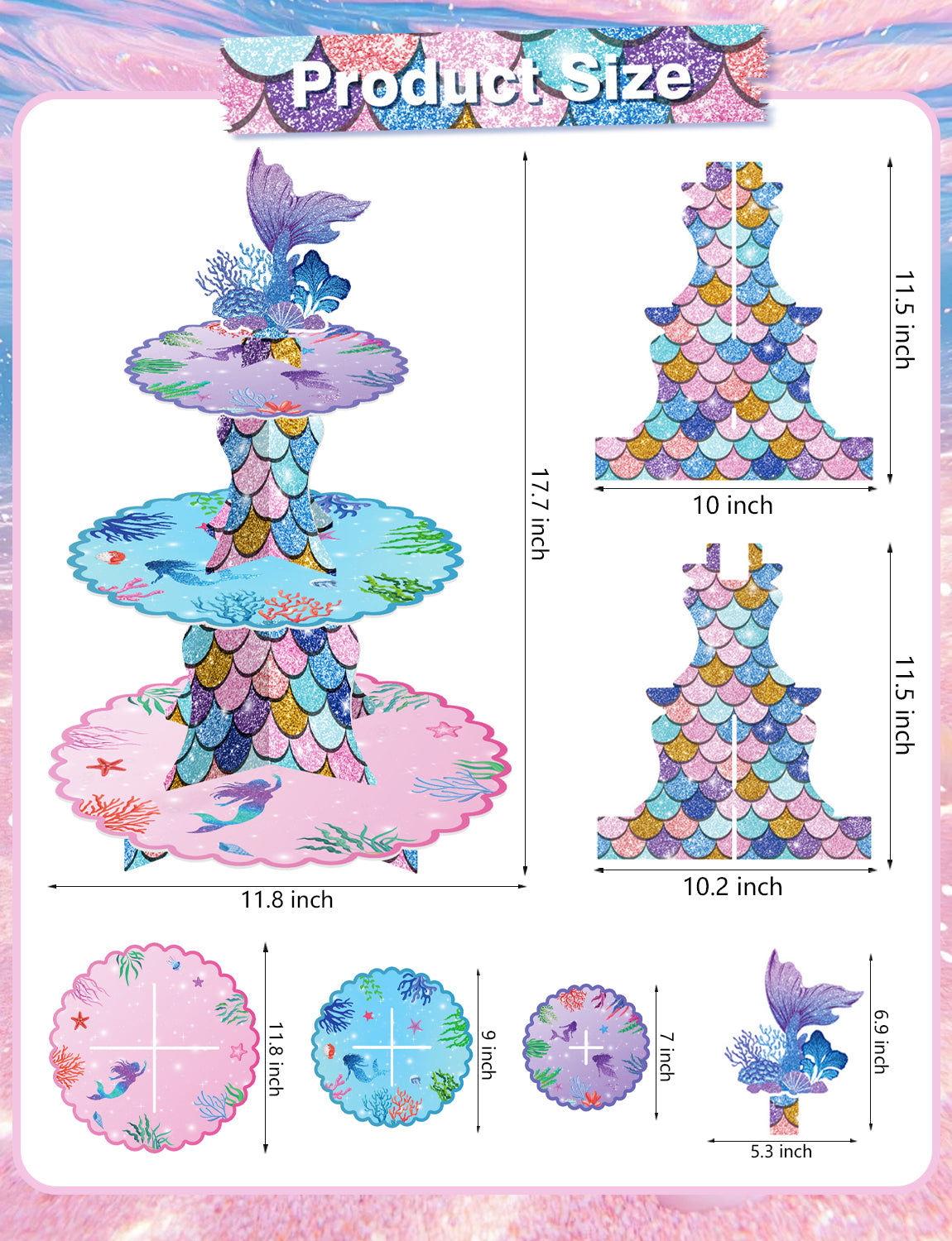 3 Tier Mermaid Cupcake Stand, Mermaid Party Decorations Mermaid Cupcake Holder for Dessert Table Display, Glitter Mermaid Cardboard Cupcake Stand, Under The Sea Party Supplies