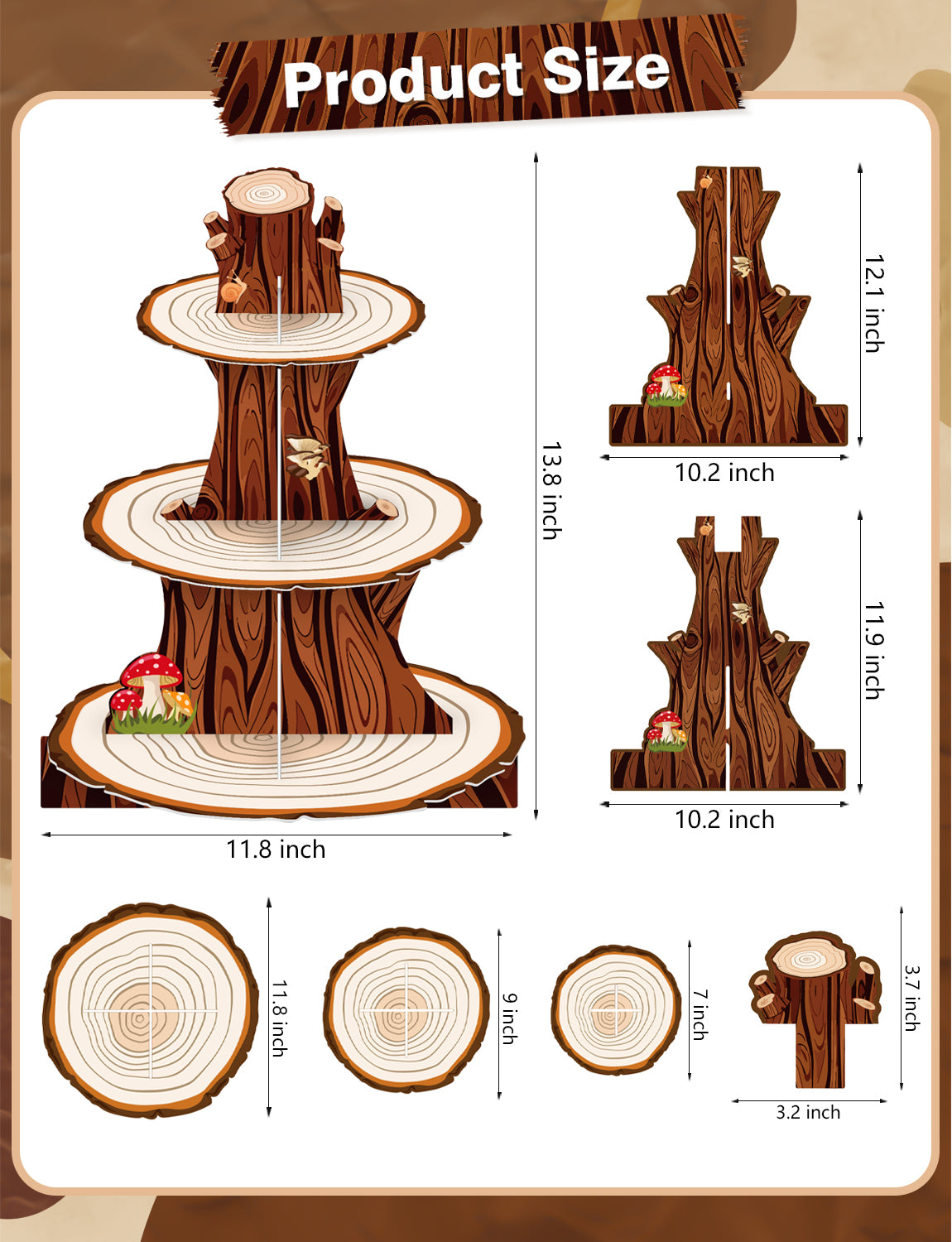 3 Tier Woodland Cupcake Stand, Rustic Wood Cupcake Holder Stand Wooden Cake Stand for Dessert Table Display, Woodland Cardboard Cupcake Stand for Camping Birthday Safari Party Decoration